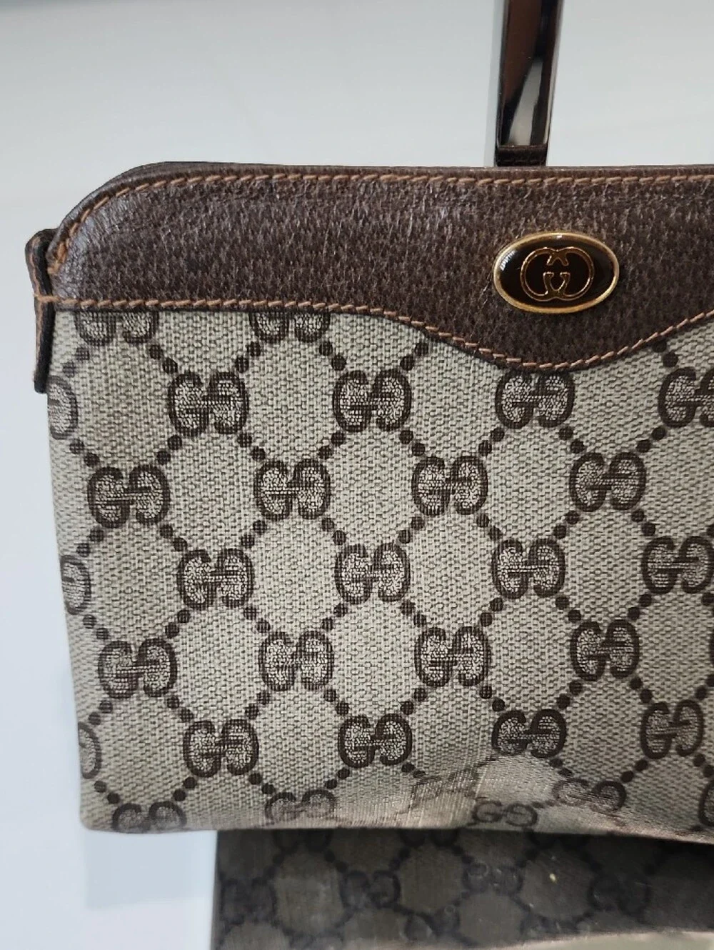Gucci Brown GG Canvas Cosmetic Pouch with Leather Trim